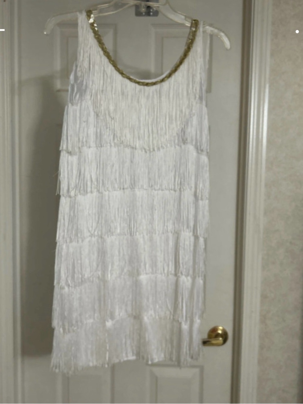 Rubie's White Fringe Mini Dress with Gold Neck Trim